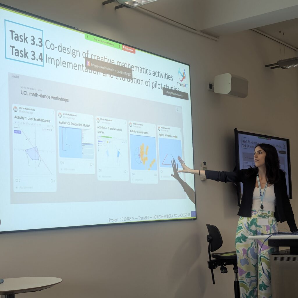 A speaker presenting a slide about the co-design of creative mathematics activities. The slide shows a padlet with 5 screenshots of different activities.