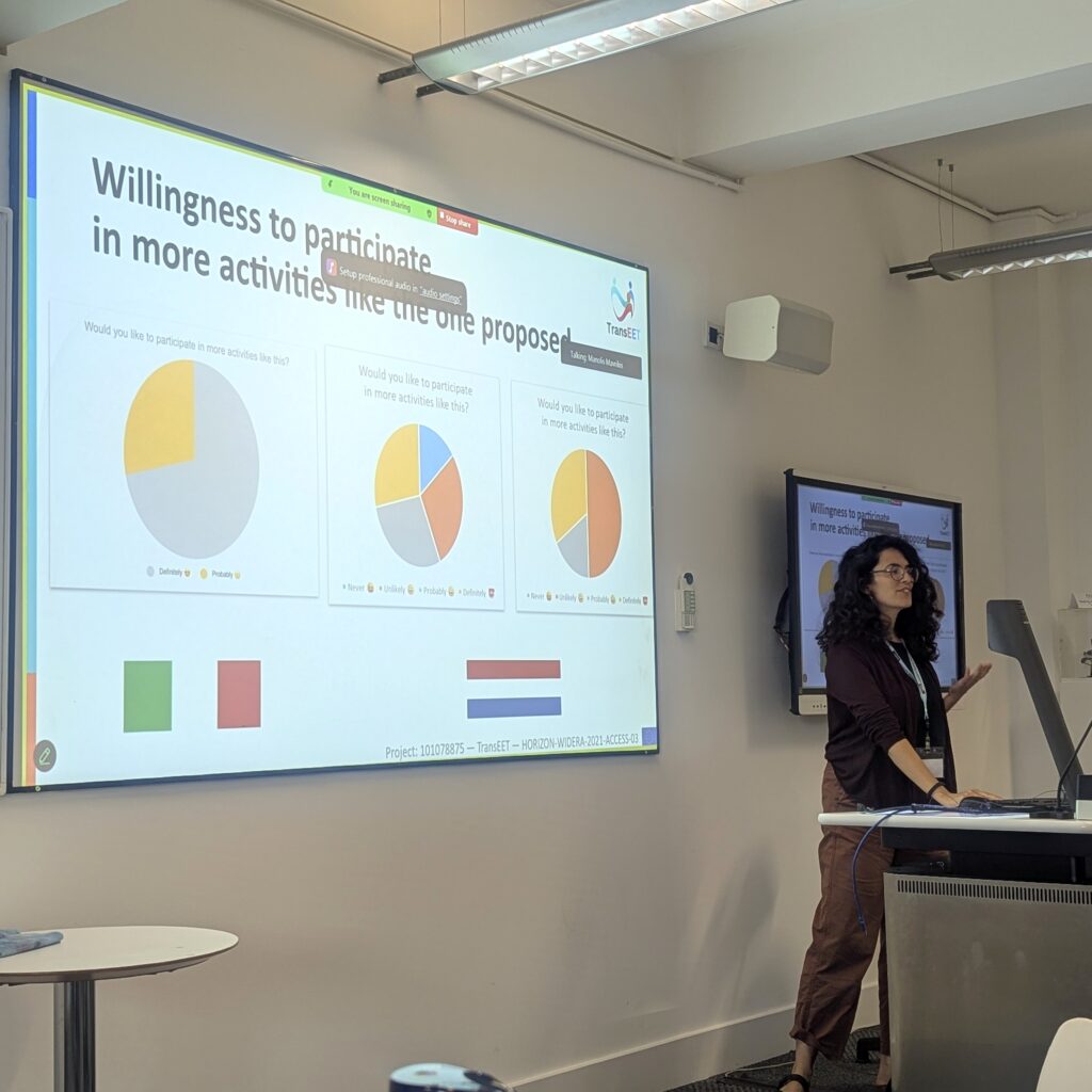 A speaker presenting a slide projected onto the wall with three pie charts.