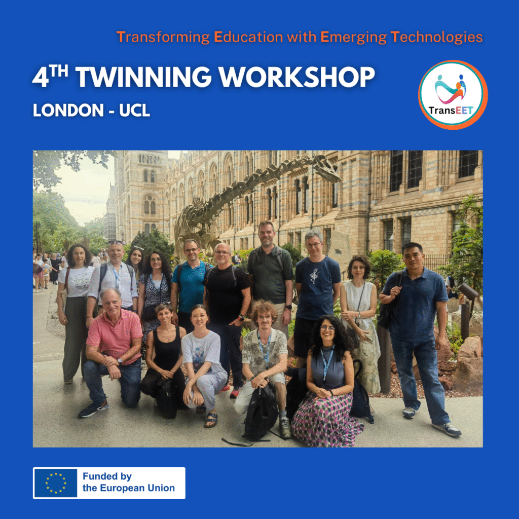 Poster of the Transeet fourth Twinning Workshop in London with a group photo of the consortium in front of a sculpture of a dinosaur skeleton.