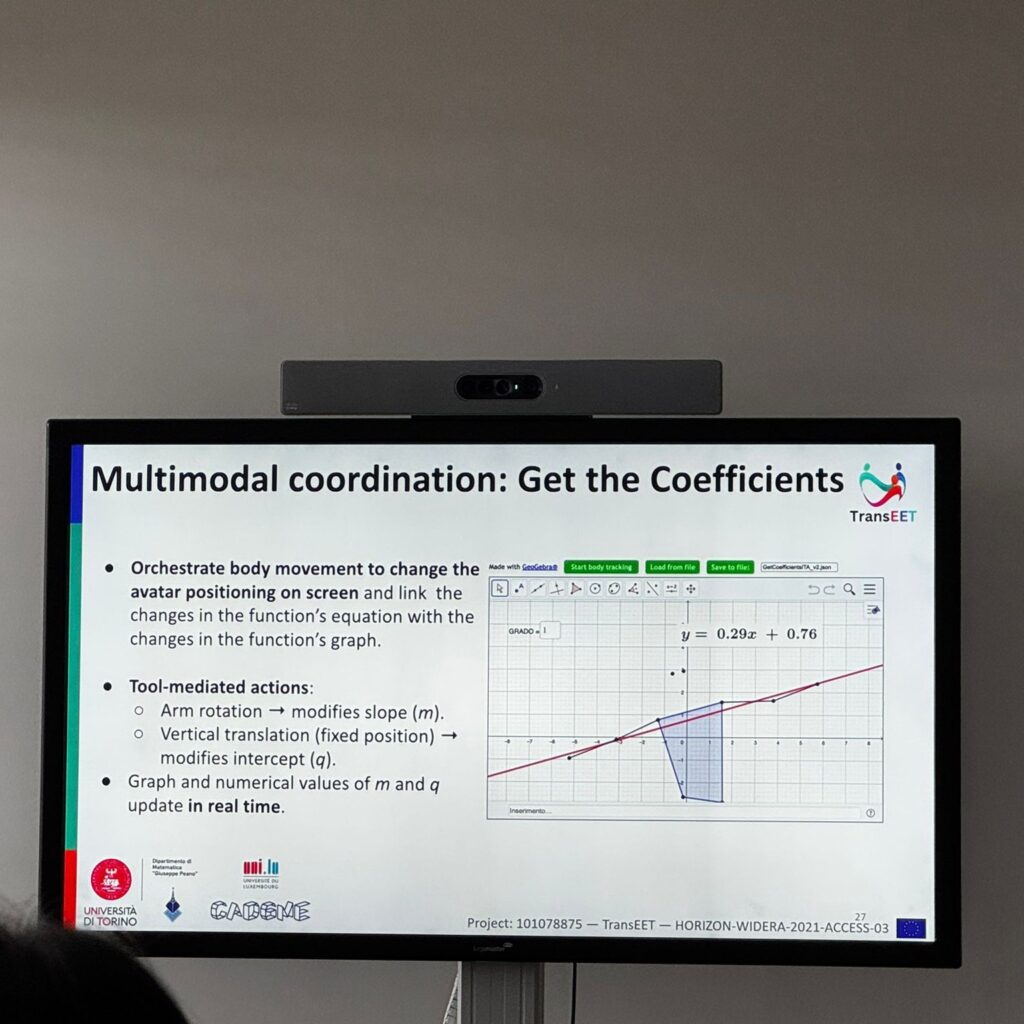 A close-up of a presentation screen shows a slide titled "Multimodal coordination: Get the Coefficients." The slide contains a bulleted list describing actions, a GeoGebra graph with the linear equation y=0.29x + 0.76, and logos for TransEET, CADGME, and the University of Turin.