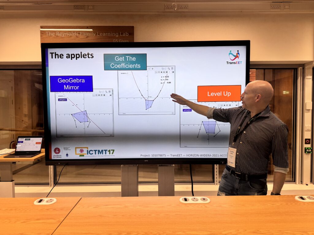 Andrea Ghersi gestures toward a slide titled “The applets” during his presentation at ICTMT 17 in London. The slide shows three GeoGebra Plus applets: GeoGebra Mirror, Get the Coefficients, and Level Up, part of the TransEET project.
