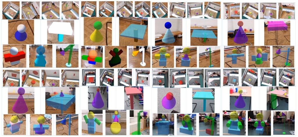 Students’ workshop outcomes created using the ShapeFactory AR prototype. The image shows orthographic projection nets of four composite objects, alongside student-designed models such as a hat, table, doll, robot, and lamp, developed through geometric shape construction.